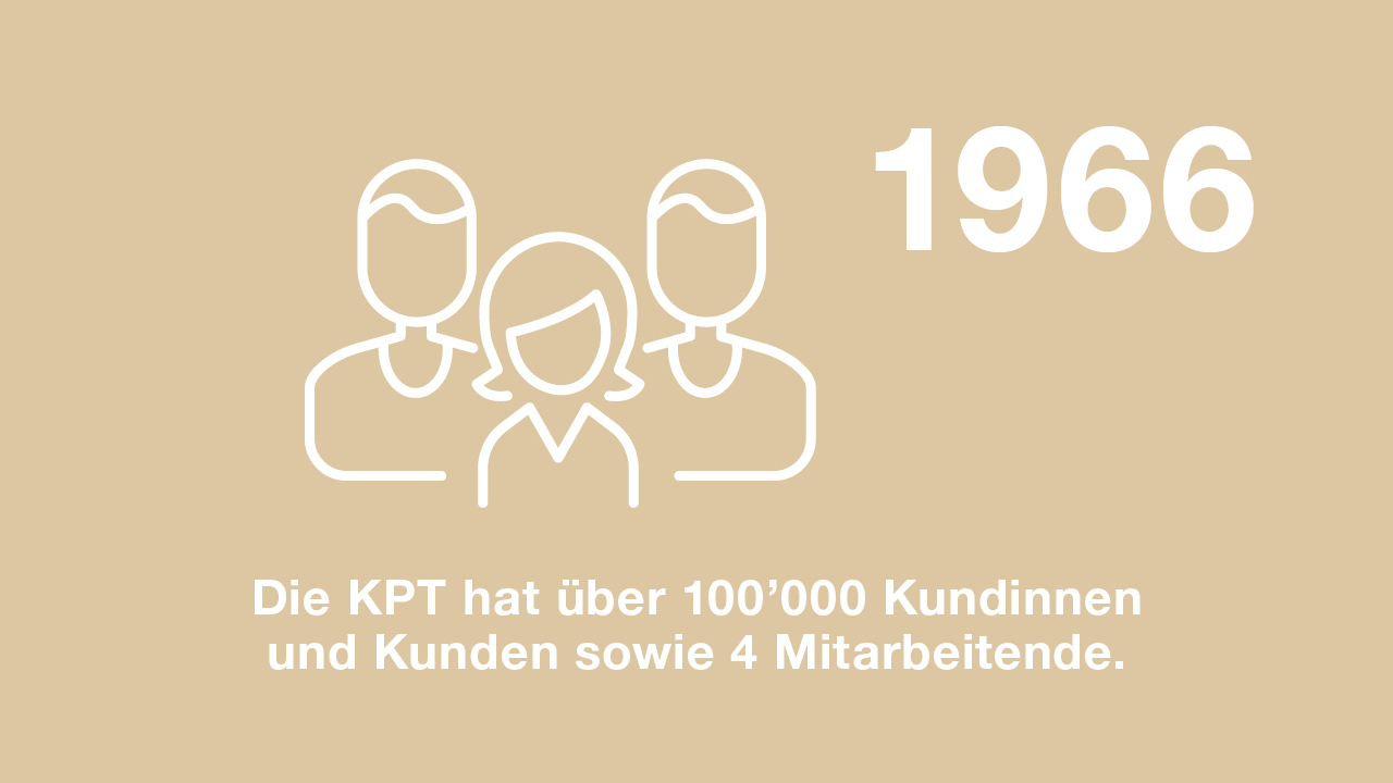 1966: Die KPT hat über 100 000 Kundinnen und Kunden sowie 4 Mitarbeitende.